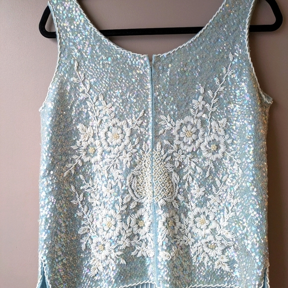 Vintage Regalia Imports Sequin Tank White Floral Beads on Blue Wool L - Picture 3 of 16